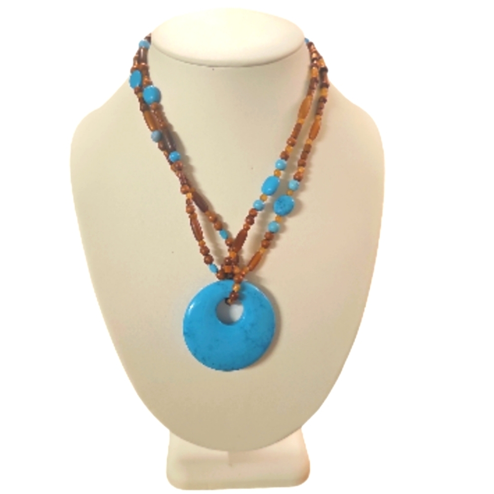 Vintage Blue Turquoise Horn Doughnut Orb Double Strand Beaded Necklace.